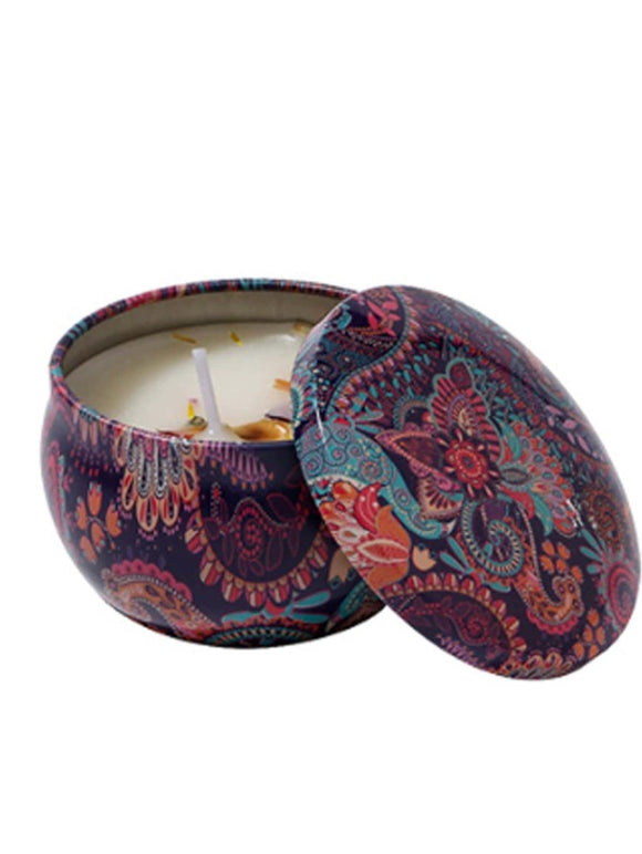 Scented candle in boho tin can