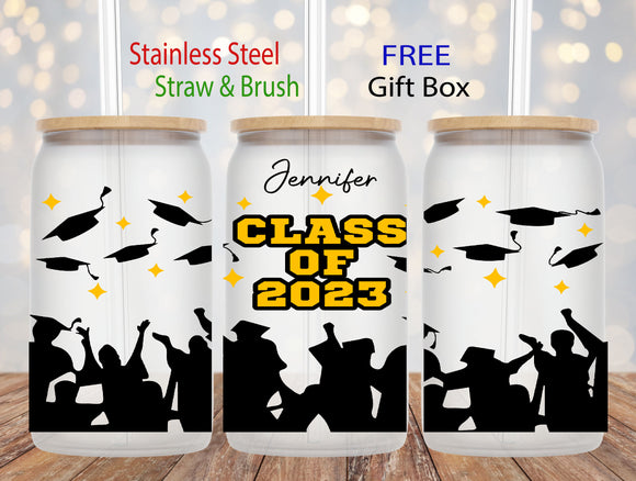 Glass Cup - Personalized Graduation Class of 2023 Hats in Air