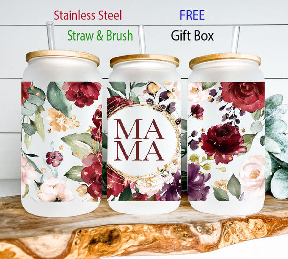 Glass Cup - MAMA red flowers