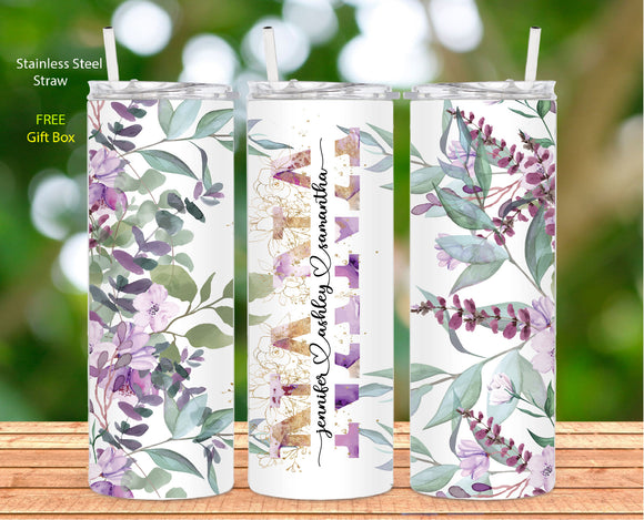 Tumbler - NANA with kids name lavender purple floral in white