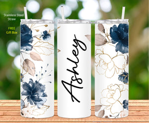 Tumbler - Navy Blue Gold Floral Tumbler 20 oz (Personalized)