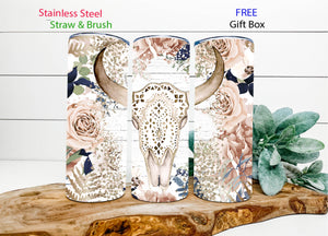 Tumbler - Bull cow skull rose