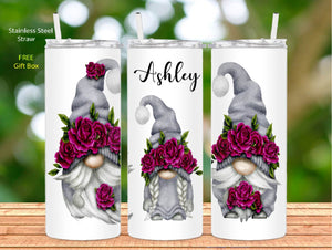 Tumbler - Red roses gray gnomes personalized tumbler