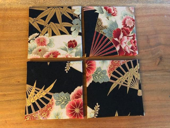 Coasters - Asian Fans and Gold Leaves in Black (set of 4)